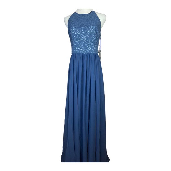 Vera Wang Dresses & Skirts - NWT Vera Wang Blue Fog Metallic Lace Full Length Halter Gown Size 6